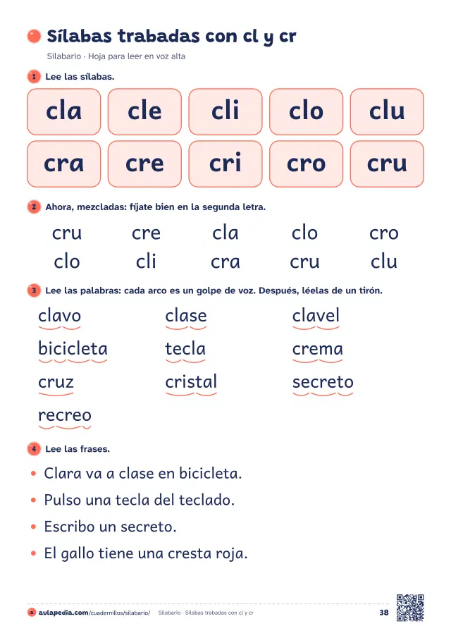Página 38 del silabario para imprimir: «Sílabas trabadas con cl y cr» (Sílabas trabadas)