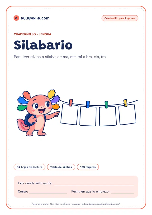 Portada del silabario para imprimir: el título, Axi, la ajolota de Aulapedia, que señala cuatro tarjetas en blanco colgadas de una cuerda con pinzas, y el recuadro para el nombre