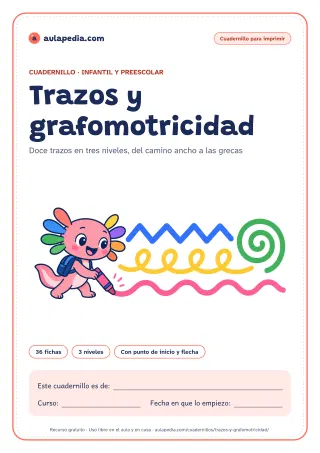 Portada del cuadernillo de trazos y grafomotricidad: el título, Axi, la ajolota de Aulapedia, que dibuja con una cera un camino ondulado, junto a un zigzag, una espiral y unos bucles, y el recuadro para el nombre