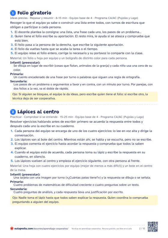 Hoja del fichero de técnicas: las fichas del folio giratorio y de lápices al centro, con sus pasos numerados, el material, la variante por etapa y un consejo