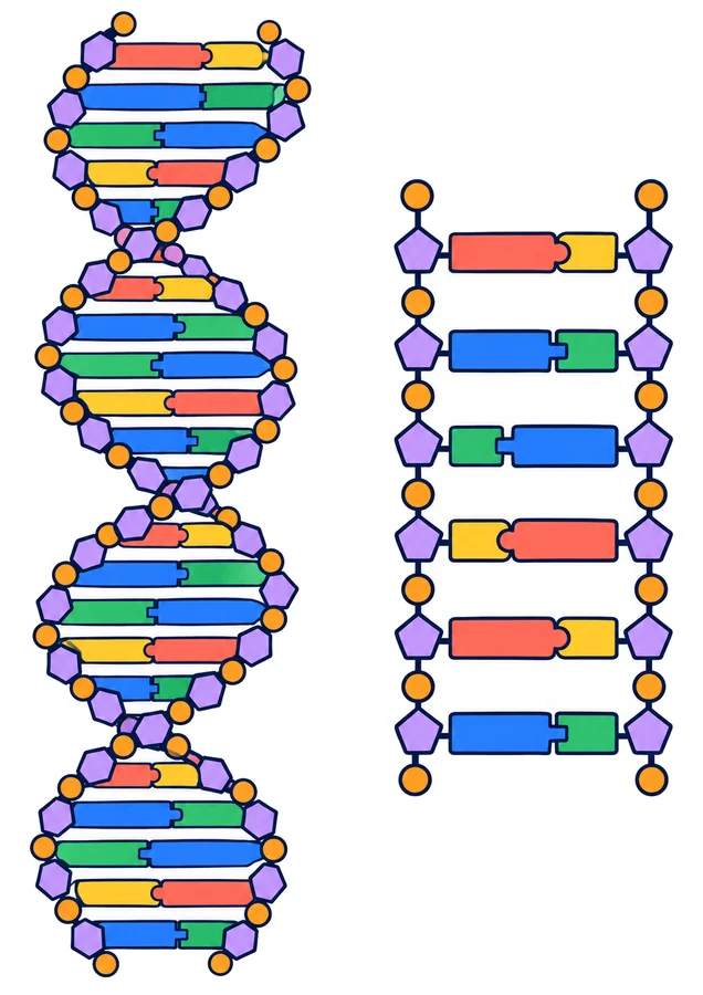 Molécula de ADN: a la izquierda, la doble hélice enrollada; a la derecha, un trozo desenrollado como una escalera de seis peldaños, con los pasamanos de azúcares y fosfatos y cada peldaño formado por dos bases que encajan.