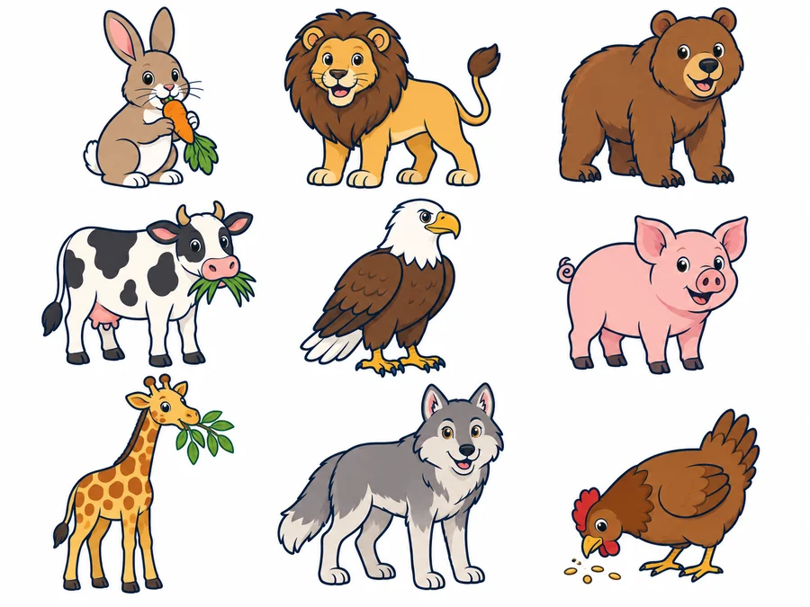 Nueve animales en tres filas: un conejo comiendo una zanahoria, un león y un oso pardo; una vaca comiendo hierba, un águila y un cerdo; una jirafa comiendo hojas, un lobo y una gallina picoteando grano.