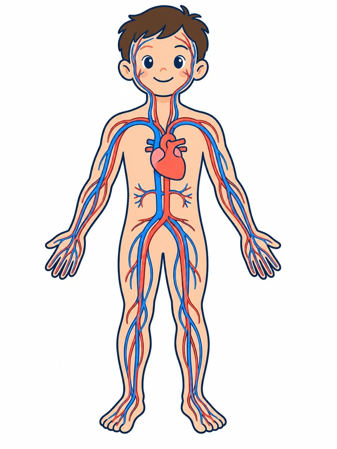 Dibujo de un niño con el aparato circulatorio: el corazón en el pecho, la arteria aorta y la vena cava inferior bajo el corazón, y arterias rojas y venas azules que recorren la cabeza, los brazos y las piernas.