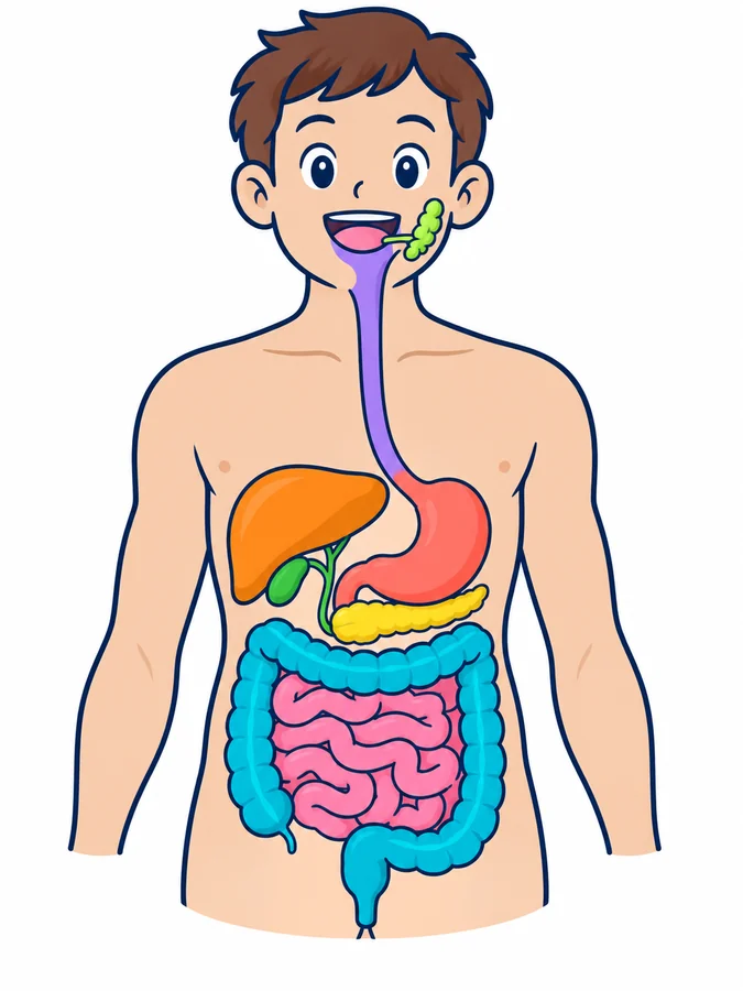 Dibujo de un niño con el aparato digestivo a la vista: la boca y una glándula salival, el esófago, el estómago, el hígado con la vesícula biliar, el páncreas, el intestino delgado enrollado, el intestino grueso a su alrededor y el recto, que termina en el ano.