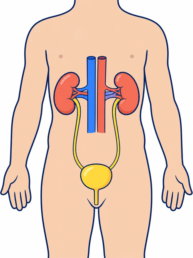 Dibujo del abdomen de una persona con el aparato urinario: dos riñones rojos unidos a la arteria aorta y a la vena cava inferior, dos uréteres amarillos que bajan hasta la vejiga y la uretra, que sale de la vejiga hacia abajo.