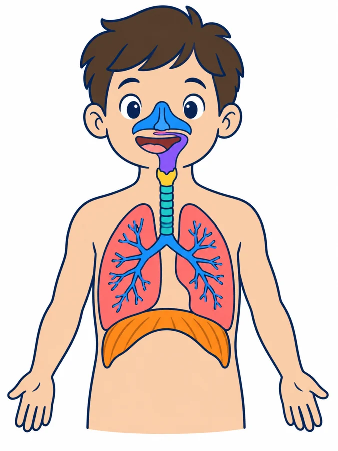 Dibujo de un niño con el aparato respiratorio a la vista: fosas nasales, boca, faringe, laringe, tráquea, los dos bronquios ramificados dentro de los pulmones y el diafragma debajo de ellos.