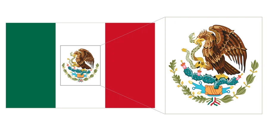 Bandera de México en su proporción de 4 a 7, con las franjas verde, blanca y roja, y a su lado el Escudo Nacional ampliado: el águila sobre el nopal devorando una serpiente, el lago, las ramas de encino y laurel y el listón tricolor.