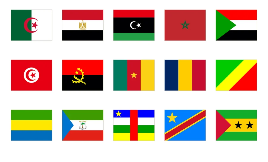 Quince banderas de África del Norte y África central numeradas en cinco columnas: Argelia, Egipto, Libia, Marruecos, Sudán, Túnez, Angola, Camerún, Chad, Congo, Gabón, Guinea Ecuatorial, República Centroafricana, República Democrática del Congo y Santo Tomé y Príncipe.