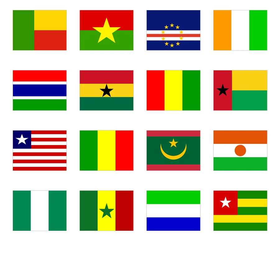 Dieciséis banderas de África occidental numeradas en cuatro columnas: Benín, Burkina Faso, Cabo Verde, Costa de Marfil, Gambia, Ghana, Guinea, Guinea-Bisáu, Liberia, Mali, Mauritania, Níger, Nigeria, Senegal, Sierra Leona y Togo.