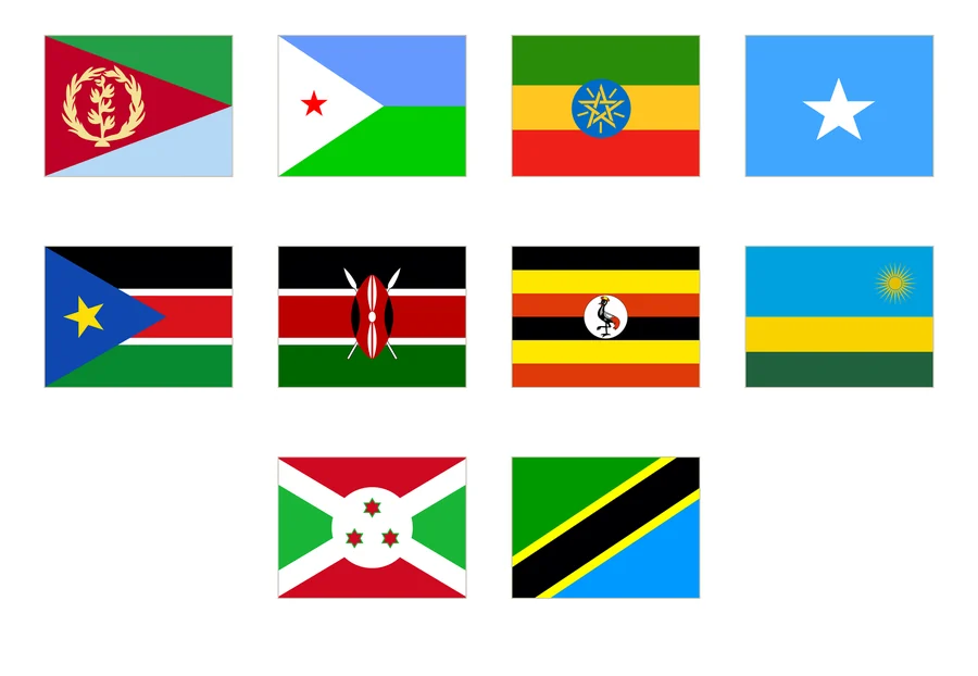Diez banderas de África oriental numeradas en cuatro columnas: Eritrea, Yibuti, Etiopía, Somalia, Sudán del Sur, Kenia, Uganda, Ruanda, Burundi y Tanzania.