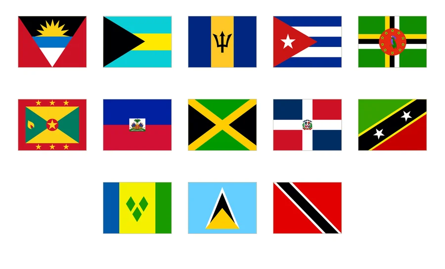 Trece banderas del Caribe numeradas en cinco columnas: Antigua y Barbuda, Bahamas, Barbados, Cuba, Dominica, Granada, Haití, Jamaica, República Dominicana, San Cristóbal y Nieves, San Vicente y las Granadinas, Santa Lucía y Trinidad y Tobago.
