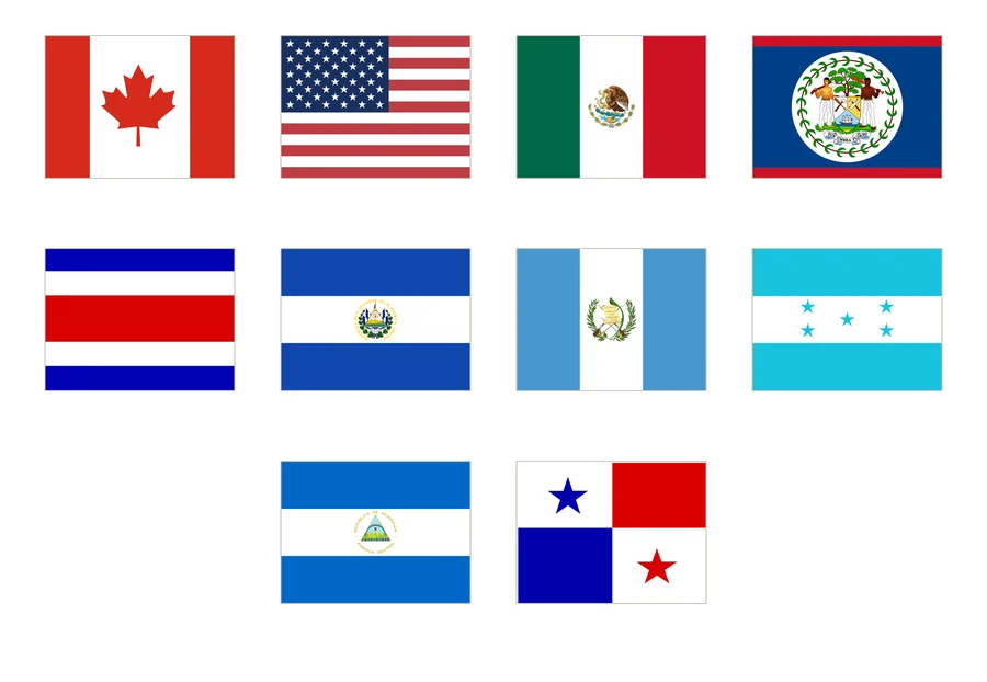 Diez banderas de América del Norte y Central numeradas en cuatro columnas: Canadá, Estados Unidos, México, Belice, Costa Rica, El Salvador, Guatemala, Honduras, Nicaragua y Panamá.