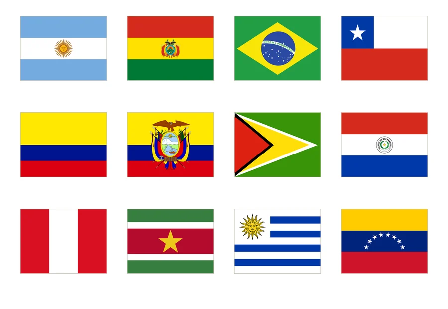 Doce banderas de América del Sur numeradas en cuatro columnas: Argentina, Bolivia, Brasil, Chile, Colombia, Ecuador, Guyana, Paraguay, Perú, Surinam, Uruguay y Venezuela.