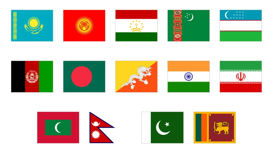 Catorce banderas de Asia central y meridional numeradas en cinco columnas: Kazajistán, Kirguistán, Tayikistán, Turkmenistán, Uzbekistán, Afganistán, Bangladés, Bután, India, Irán, Maldivas, Nepal, Pakistán y Sri Lanka.