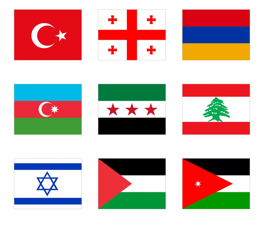 Nueve banderas de Asia occidental numeradas en tres columnas: Turquía, Georgia, Armenia, Azerbaiyán, Siria, Líbano, Israel, Palestina y Jordania.