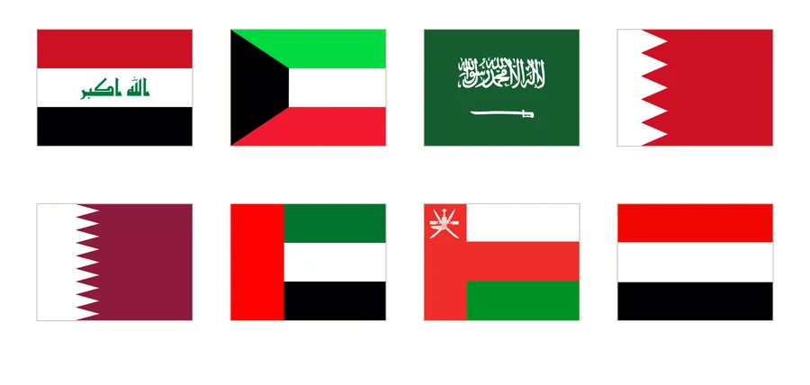 Ocho banderas de Asia occidental numeradas en cuatro columnas: Irak, Kuwait, Arabia Saudí, Baréin, Catar, Emiratos Árabes Unidos, Omán y Yemen.