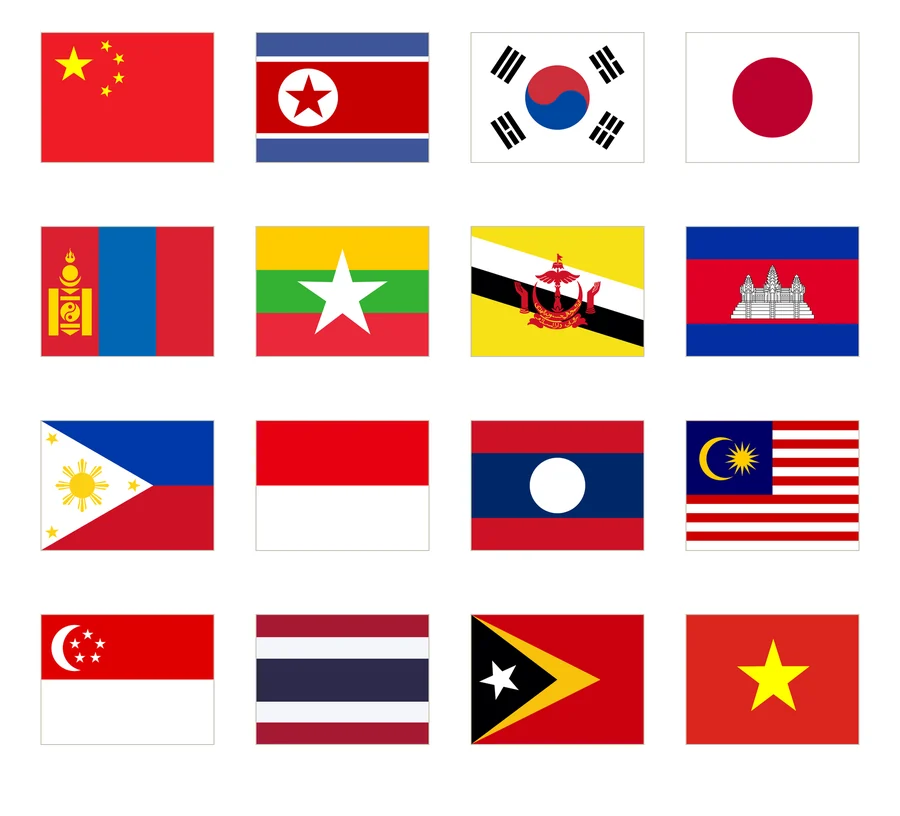 Dieciséis banderas de Asia oriental y del Sudeste asiático numeradas en cuatro columnas: China, Corea del Norte, Corea del Sur, Japón, Mongolia, Birmania, Brunéi, Camboya, Filipinas, Indonesia, Laos, Malasia, Singapur, Tailandia, Timor Oriental y Vietnam.