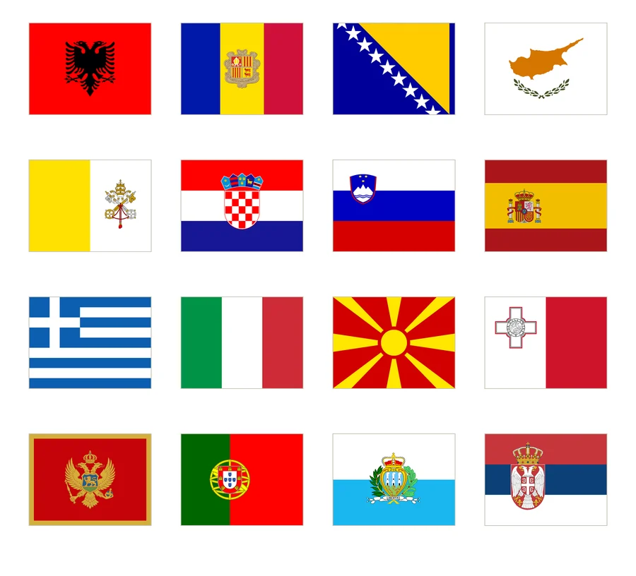Dieciséis banderas de Europa meridional numeradas en cuatro columnas: Albania, Andorra, Bosnia y Herzegovina, Chipre, Ciudad del Vaticano, Croacia, Eslovenia, España, Grecia, Italia, Macedonia del Norte, Malta, Montenegro, Portugal, San Marino y Serbia.