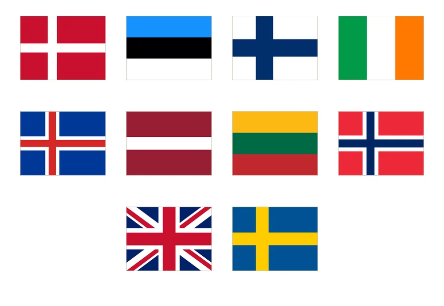Diez banderas de Europa del Norte numeradas en cuatro columnas: Dinamarca, Estonia, Finlandia, Irlanda, Islandia, Letonia, Lituania, Noruega, Reino Unido y Suecia.
