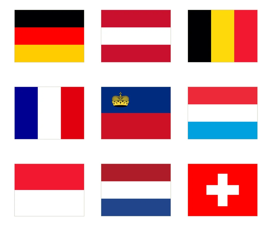 Nueve banderas de Europa occidental numeradas en tres columnas: Alemania, Austria, Bélgica, Francia, Liechtenstein, Luxemburgo, Mónaco, Países Bajos y Suiza.