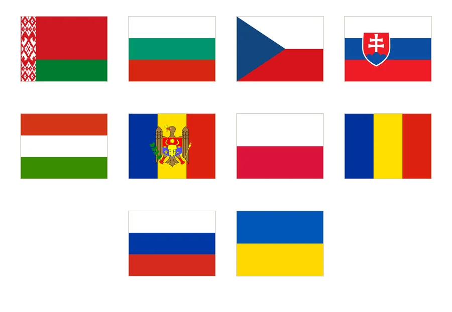 Diez banderas de Europa oriental numeradas en cuatro columnas: Bielorrusia, Bulgaria, Chequia, Eslovaquia, Hungría, Moldavia, Polonia, Rumanía, Rusia y Ucrania.