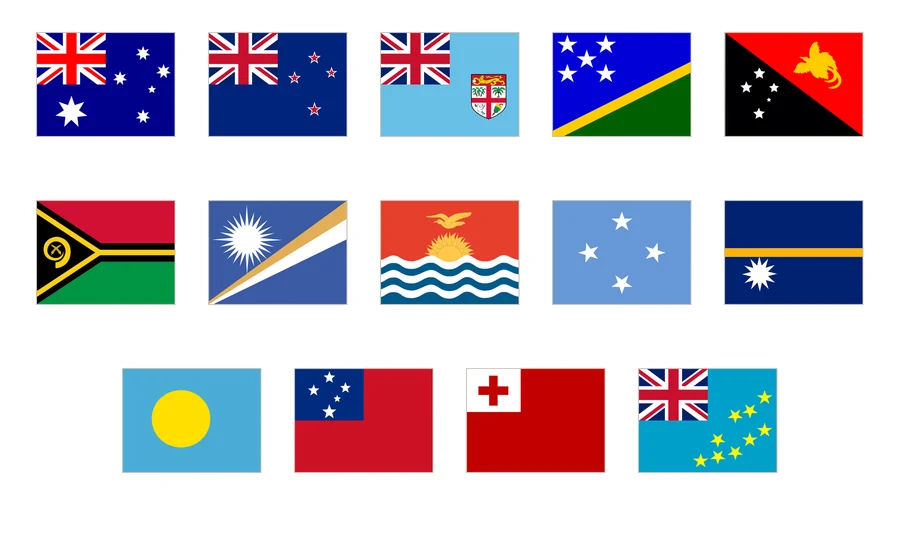 Catorce banderas de Oceanía numeradas en cinco columnas: Australia, Nueva Zelanda, Fiyi, Islas Salomón, Papúa Nueva Guinea, Vanuatu, Islas Marshall, Kiribati, Micronesia, Nauru, Palaos, Samoa, Tonga y Tuvalu.