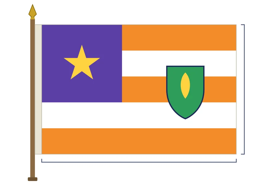 Bandera inventada sujeta a un asta con moharra dorada: cinco franjas horizontales naranjas y blancas, un cantón morado con una estrella amarilla junto al asta y un escudo verde en el centro de las franjas.