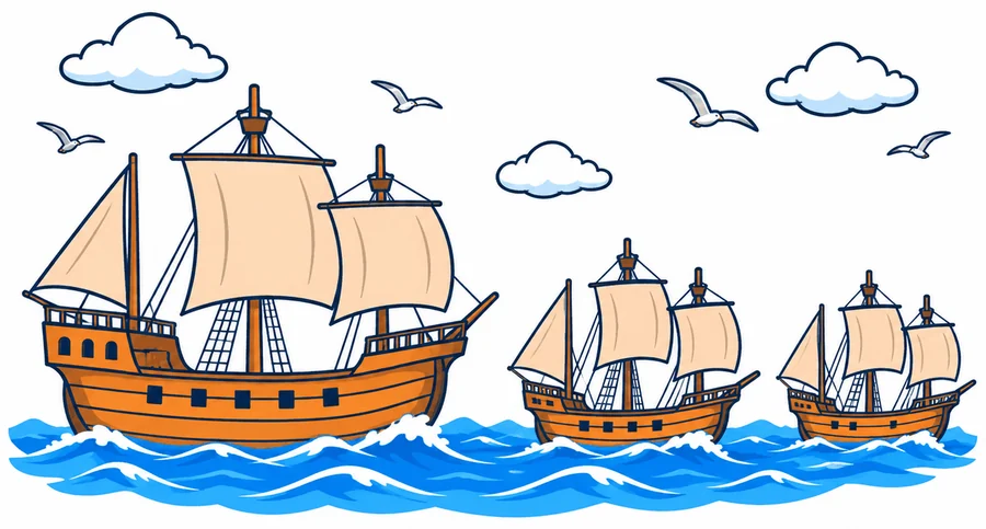 Tres barcos de madera navegan hacia la derecha por el océano: a la izquierda, una nao grande de casco redondo con un castillo alto en la popa, tres palos, velas cuadradas en los dos de delante y una vela triangular en el de atrás; en el centro y a la derecha, dos carabelas más pequeñas, también de tres palos. Las velas son lisas y sobre el mar vuelan cuatro gaviotas.