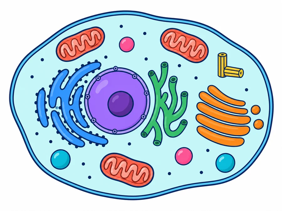 Dibujo de una célula animal cortada por la mitad: membrana de doble línea, citoplasma, núcleo con nucléolo y envoltura con poros, tres mitocondrias, retículo endoplasmático rugoso y liso, aparato de Golgi, dos lisosomas, dos vacuolas pequeñas, centrosoma con dos centriolos y ribosomas sueltos.