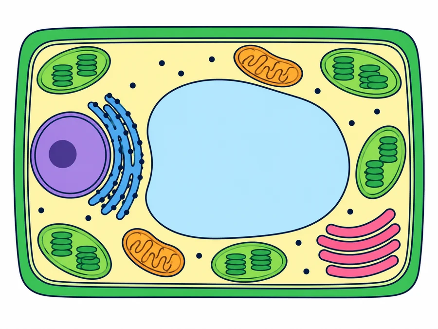 Dibujo de una célula vegetal casi rectangular cortada por la mitad: pared celular verde, membrana, citoplasma amarillo claro, núcleo con nucléolo junto a la pared, gran vacuola central azul, cinco cloroplastos verdes, dos mitocondrias, retículo endoplasmático rugoso, aparato de Golgi y ribosomas sueltos.