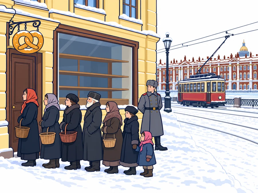 Una calle nevada de Petrogrado en el invierno de 1917: siete personas abrigadas, casi todas mujeres con cestas vacías, esperan en fila ante una panadería con el escaparate vacío y un rosco dorado como rótulo; un soldado las mira desde la esquina y, al fondo, pasa un tranvía delante de un gran palacio junto al río helado.