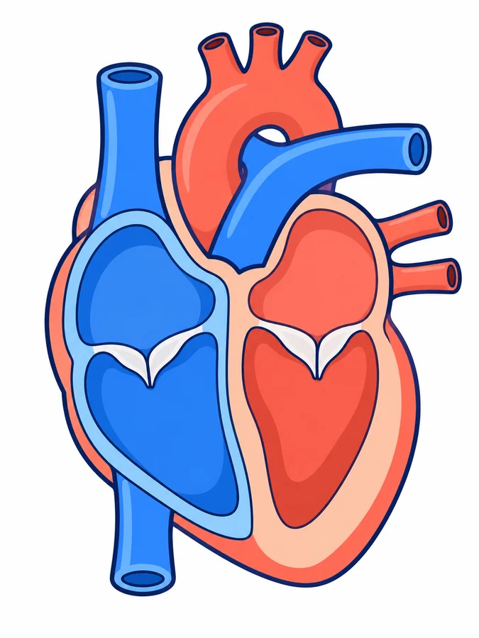 Corazón abierto visto de frente: a la izquierda del dibujo, en azul, la vena cava superior, la vena cava inferior, la aurícula derecha, la válvula y el ventrículo derecho; arriba, la arteria pulmonar y la arteria aorta; a la derecha del dibujo, en rojo, las venas pulmonares, la aurícula izquierda y el ventrículo izquierdo, separados del lado azul por el tabique.