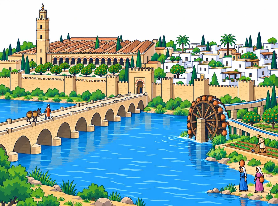 Vista de Córdoba en el siglo X desde el río: un largo puente de piedra con arcos lleva a una puerta de la muralla; detrás, la mezquita, con muchos tejados paralelos, una arcada de arcos de herradura y un alminar cuadrado; a la derecha, casas encaladas con patios y palmeras. En la orilla, una noria con cangilones de barro vierte el agua en una acequia que lleva a una huerta; cruzan el puente un mercader y un burro con dos cestos, un campesino cava en la huerta y dos mujeres llevan cántaros.
