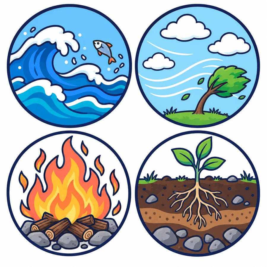 Cuatro medallones redondos en dos filas: arriba, el agua (olas con espuma y un pez que salta) y el aire (cielo con tres nubes y un arbolito doblado por el viento); abajo, el fuego (llamas sobre troncos y piedras) y la tierra (corte del suelo con capas, piedras y una planta con sus raíces).