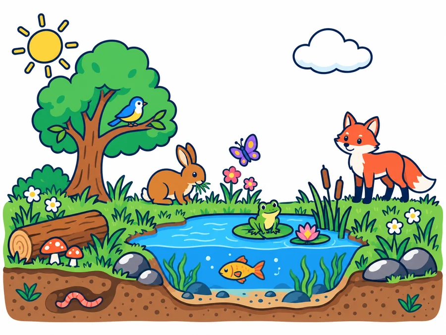 Ecosistema de charca y pradera: el Sol y una nube en el cielo, un árbol con un pájaro, hierba y flores, un conejo, un zorro, una mariposa, una rana sobre un nenúfar, un pez en el agua, rocas, setas junto a un tronco caído y una lombriz bajo el suelo.
