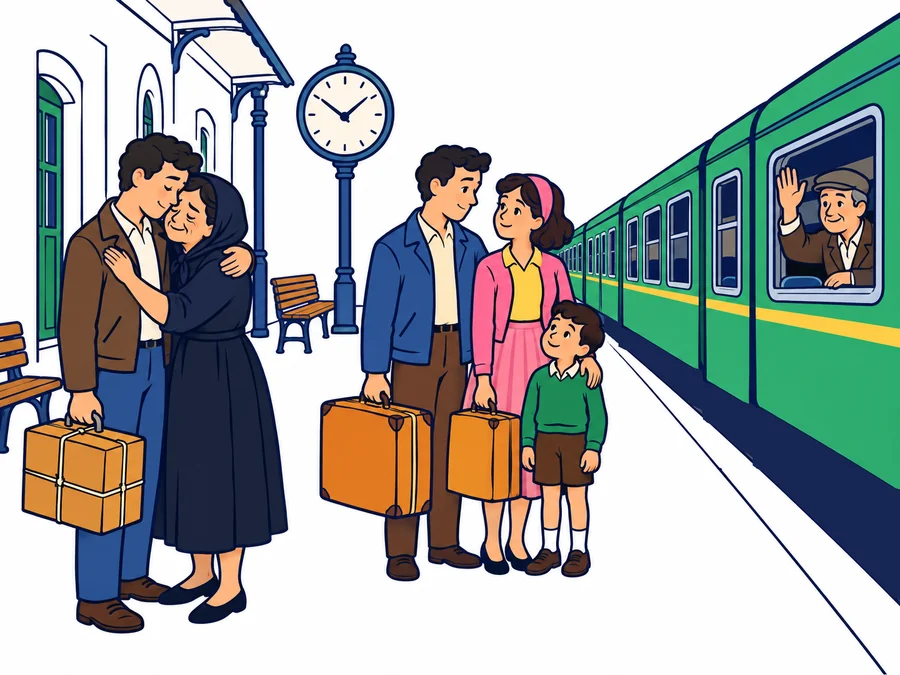 Andén de una estación de tren española en los años sesenta: un joven con chaqueta y una maleta de cartón atada con cuerda abraza a su madre, vestida de negro y con pañuelo; al lado, una pareja con dos maletas y un niño; un tren de coches verdes espera junto al andén y un hombre mayor saluda desde una ventanilla. Hay un reloj sobre una columna y bancos de madera.