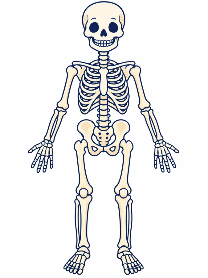 Esqueleto humano completo visto de frente: cráneo y mandíbula, clavículas, esternón y costillas, columna vertebral, pelvis, y los huesos de los brazos, las manos, las piernas y los pies.