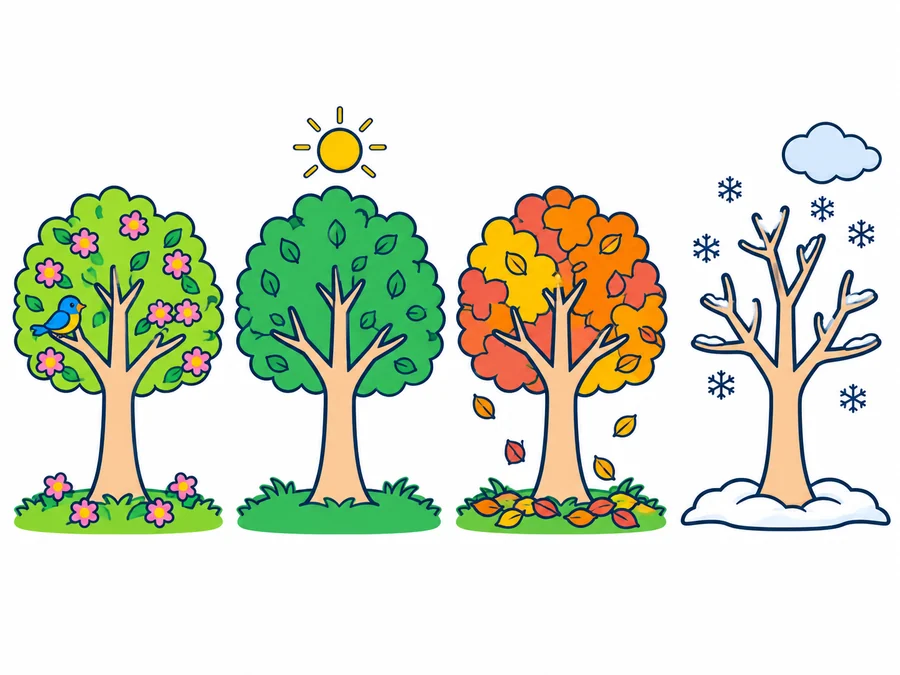 El mismo árbol en las cuatro estaciones, de izquierda a derecha: en primavera, con hojas verde claro, flores rosas y un pájaro; en verano, con hojas verde oscuro y el Sol; en otoño, con hojas naranjas y rojas que caen al suelo; y en invierno, sin hojas, con nieve y copos.