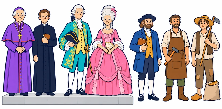 Siete personas de la Francia de 1789 en tres grupos: un obispo y un cura; un noble con peluca y casaca bordada y una dama con vestido de seda, los cuatro sobre un estrado; y, en el suelo, un comerciante, un artesano con mandil y un campesino con azada y un saco de grano.