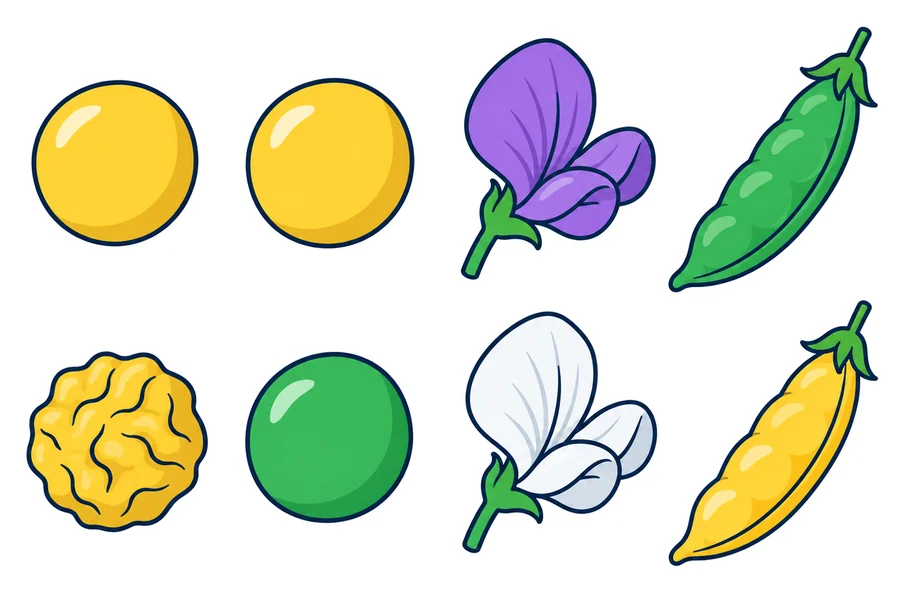 Cuatro caracteres del guisante en dos filas: semilla lisa y rugosa, semilla amarilla y verde, flor violeta y blanca, vaina verde y amarilla.