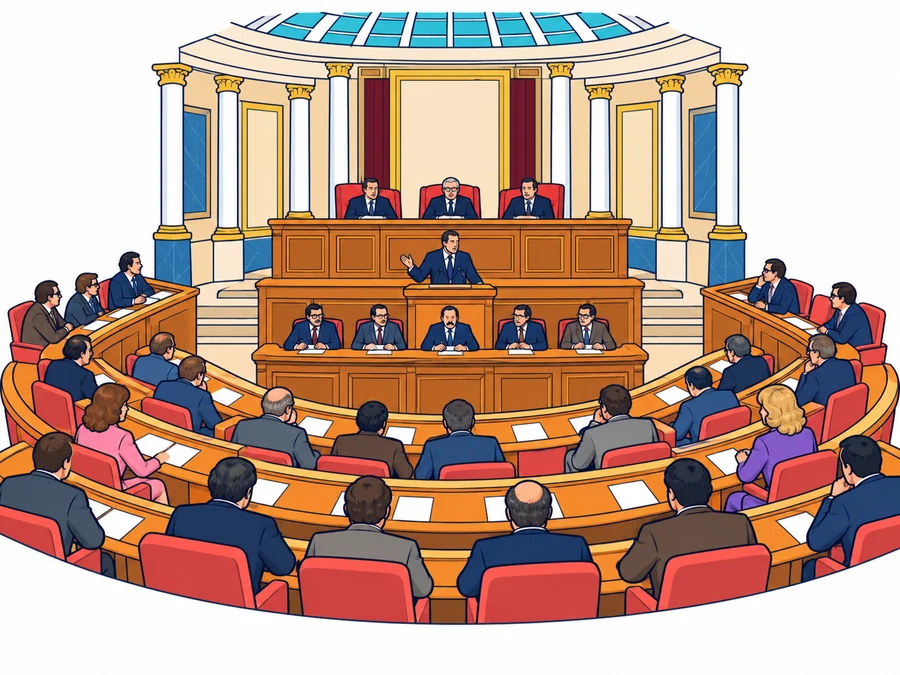 Un salón de plenos en forma de hemiciclo, con gradas de escaños rojos ocupadas por diputados con trajes de los años setenta, casi todos hombres (se ven dos diputadas); al frente, una mesa de madera elevada con tres hombres en la presidencia, delante un orador de pie en la tribuna que habla a la sala y, más abajo, una mesa con cinco hombres; detrás de la presidencia, un panel liso entre cortinas granate, columnas con capiteles dorados y un lucernario de cristal.