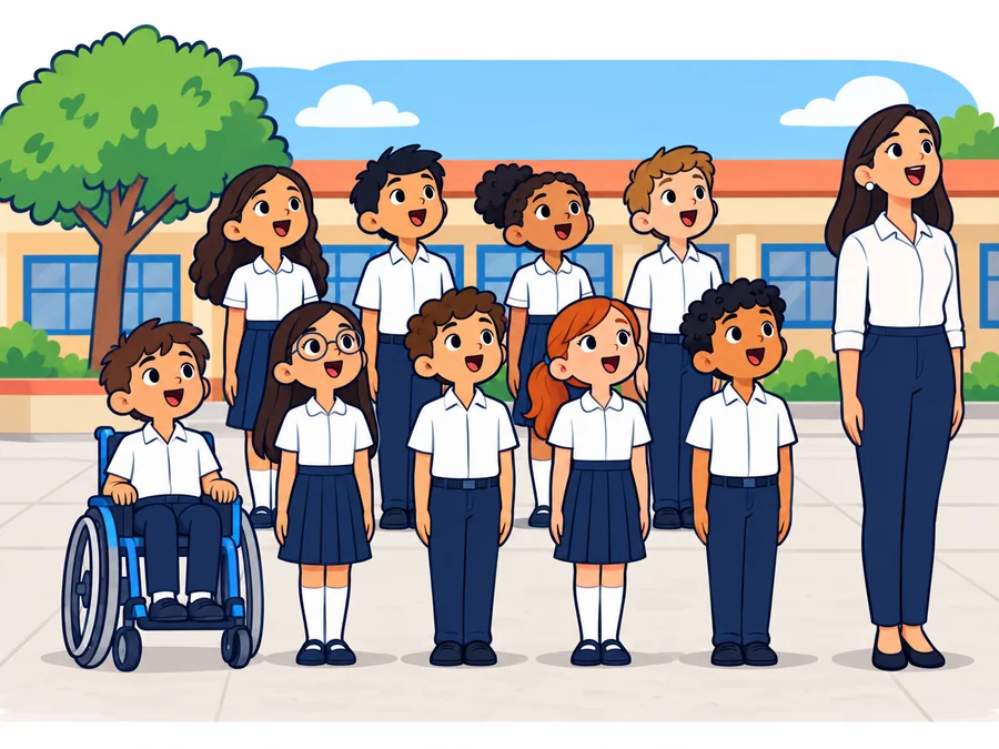 Dibujo de un grupo de alumnas y alumnos de primaria con uniforme escolar, en dos filas en el patio de la escuela, cantando el Himno Nacional en posición de firme, con los brazos junto al cuerpo; un niño en silla de ruedas en la primera fila y una maestra a la derecha. Nadie lleva gorra.