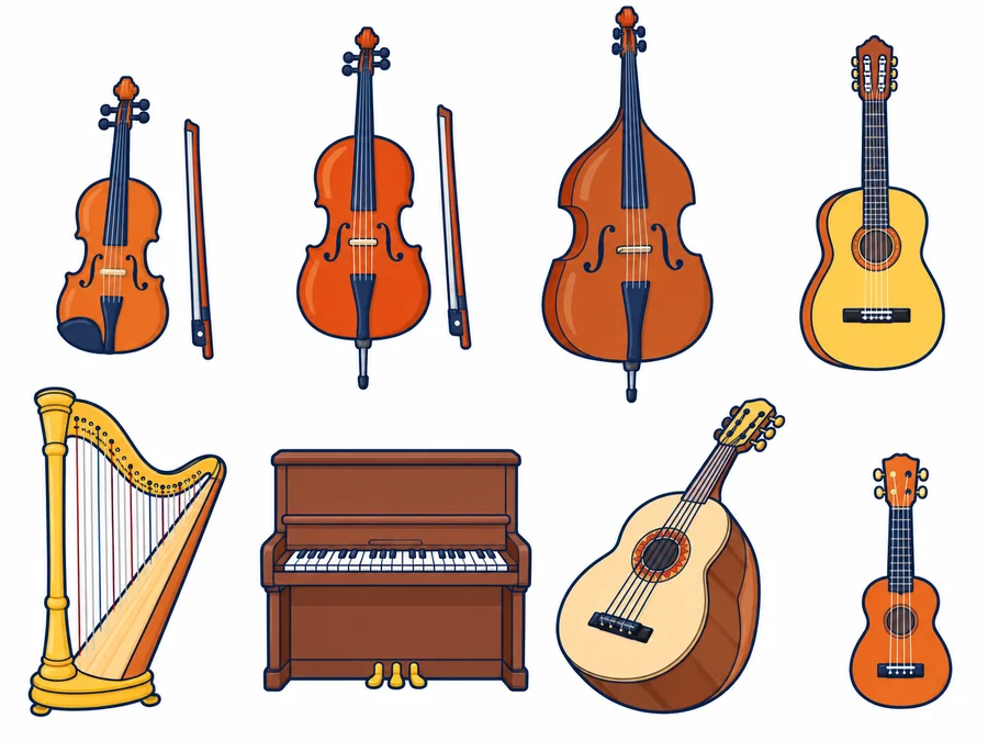 Ocho instrumentos de cuerda en dos filas: violín con su arco, violonchelo con su arco, contrabajo y guitarra; arpa, piano vertical, guitarrón mexicano y ukelele.
