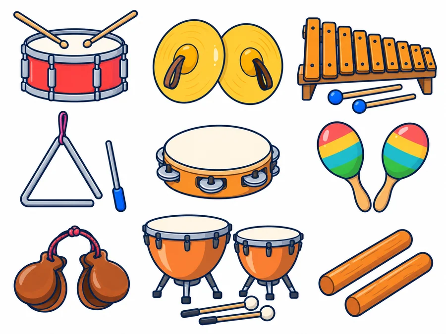Nueve instrumentos de percusión en tres filas: caja con dos baquetas, platillos y xilófono con sus mazas; triángulo con su varilla, pandereta y maracas; castañuelas, dos timbales con sus mazas y claves.