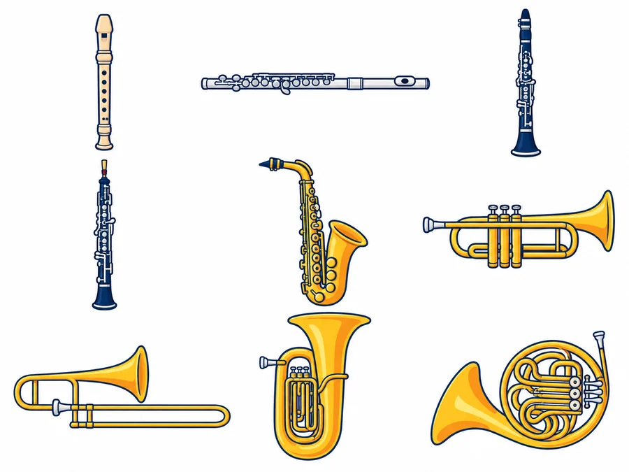 Nueve instrumentos de viento en tres filas: flauta dulce, flauta travesera y clarinete; oboe, saxofón y trompeta; trombón de varas, tuba y trompa.