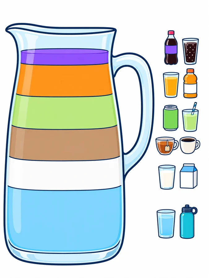 Dibujo de una jarra de vidrio con seis franjas de colores, de abajo arriba: azul claro (agua), blanca, marrón claro, verde lima, naranja y morada, la más fina; a la derecha de cada franja, sus bebidas: un vaso de agua y una botella reutilizable, un vaso de leche y un envase, una taza de té y una de café, una lata y un vaso con popote, un vaso de jugo de naranja y una bebida deportiva, y una botella de refresco con un vaso de refresco.