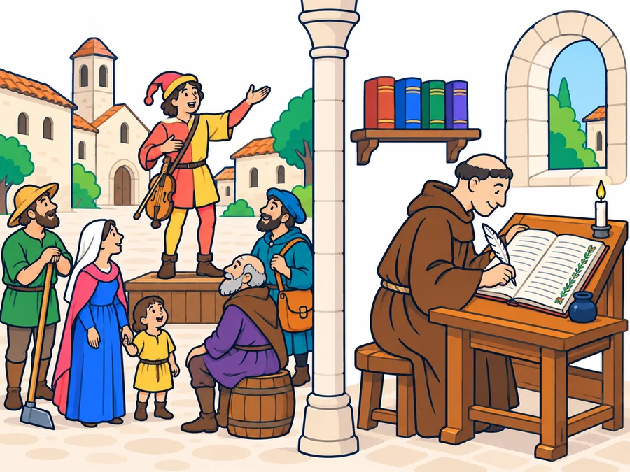 Ilustración dividida por una columna de piedra: a la izquierda, en la plaza de un pueblo medieval con una torre románica, un juglar con túnica roja y amarilla y una fídula colgada al costado recita de pie sobre una tarima ante cinco oyentes; a la derecha, en un scriptorium, un clérigo con hábito marrón y tonsura escribe con pluma de ave en un gran libro abierto, junto a un tintero, una vela y un estante con cuatro libros.