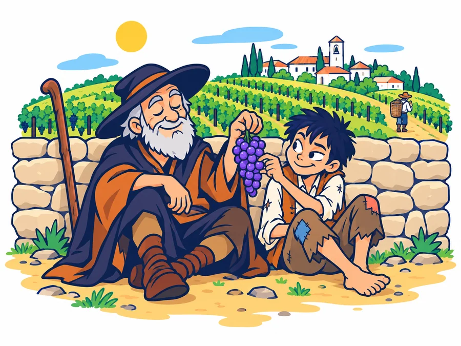 Un anciano ciego con los ojos cerrados, barba canosa y sombrero de ala ancha sostiene un racimo de uvas moradas sentado contra un muro de piedra, mientras un muchacho descalzo y con ropa remendada coge uvas del racimo mirándolo de reojo. Al fondo, viñedos, un pueblo blanco con campanario y un vendimiador que se aleja con un cesto a la espalda.