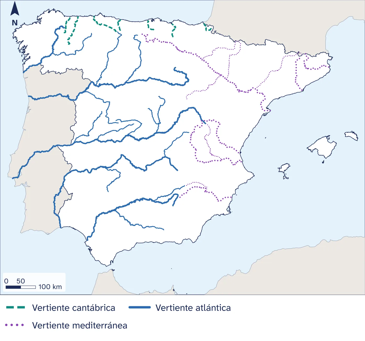 Mapa de España con los 37 ríos de esta página y su curso real: los de la vertiente cantábrica en verde azulado y a trazos, los de la atlántica en azul y continuos y los de la mediterránea en morado y a puntos; los afluentes, con trazo más fino. Debajo, la leyenda de las vertientes. Portugal y Francia van en gris. Tiene 9 puntos numerados.