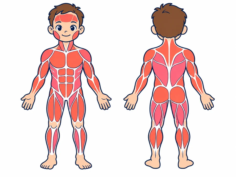 Dos figuras de un niño con los músculos dibujados. A la izquierda, de frente: frontal, maseteros, músculos del cuello, deltoides, pectorales, bíceps, abdominales y cuádriceps. A la derecha, de espaldas: trapecio, dorsales, tríceps, glúteos, músculos de la parte de atrás del muslo y gemelos.